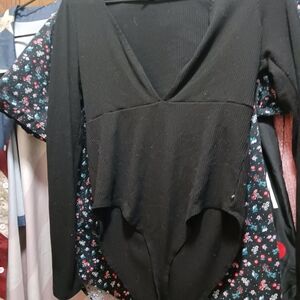 Forever 21 Black Ribbed V-Neck Bodysuit